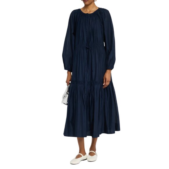 NWT Merlette Allegra Tiered Smocked Maxi Dress Womens Large Navy Blue Cotton NEW - Picture 1 of 15